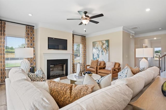 living room with a glass covered fireplace, a healthy amount of sunlight, and crown molding