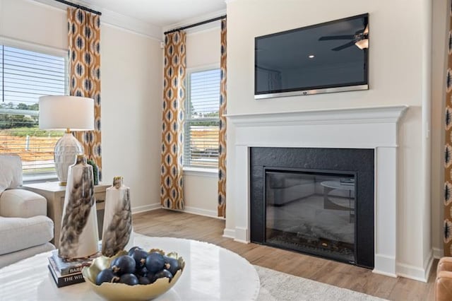 living room featuring a glass covered fireplace, wood finished floors, baseboards, and ornamental molding