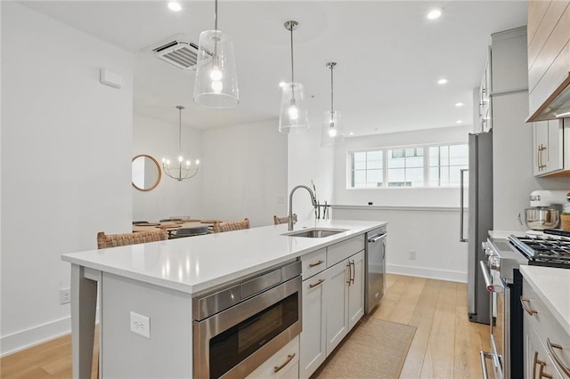 230 New St Unit 2102, Decatur, GA 30030 - kitchen featuring a kitchen island with sink, light countertops, a sink, light wood finished floors, and stainless steel appliances
