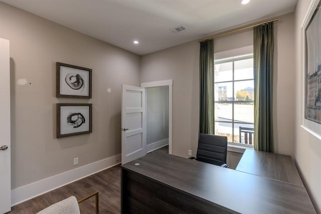 office with dark hardwood / wood-style floors