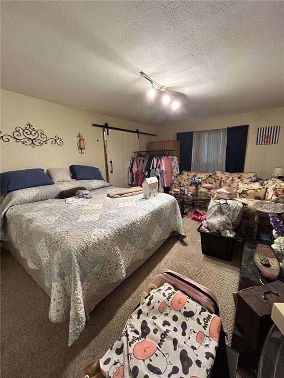 carpeted bedroom featuring a barn door, rail lighting, and a textured ceiling