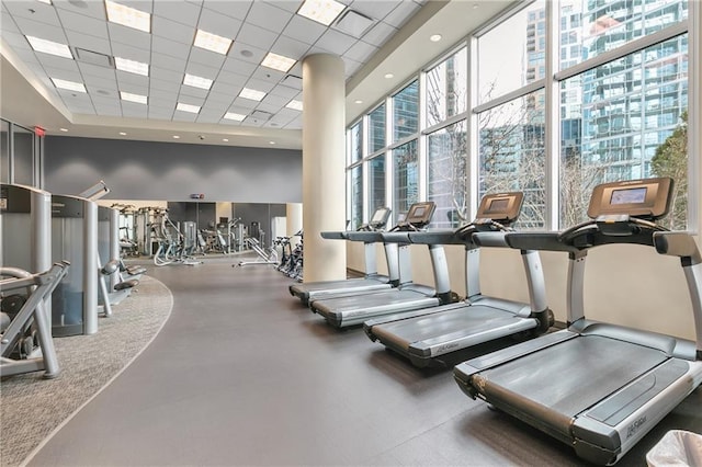 workout area featuring a paneled ceiling