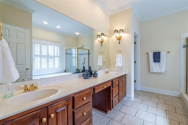 full bath featuring double vanity, a stall shower, ornamental molding, a sink, and tile patterned floors