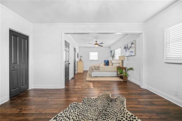 bedroom featuring ornamental molding, a closet, ceiling fan, and dark hardwood / wood-style flooring