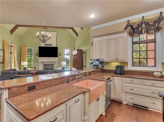 kitchen featuring wood finished floors, a fireplace, stone countertops, vaulted ceiling, and open floor plan