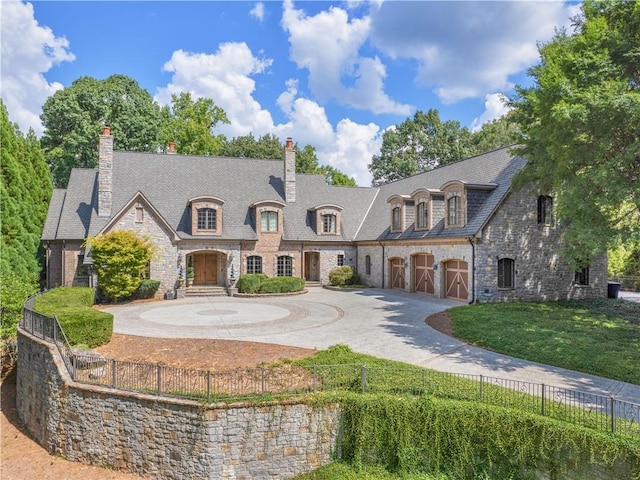 french country inspired facade with stone siding, curved driveway, a chimney, and fence