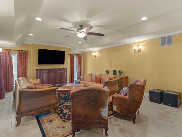 living area featuring baseboards, visible vents, recessed lighting, ceiling fan, and crown molding