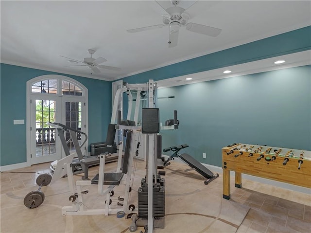 workout area featuring recessed lighting, baseboards, ceiling fan, and crown molding