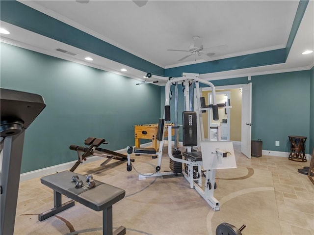 workout area with visible vents, ornamental molding, stone finish flooring, recessed lighting, and baseboards