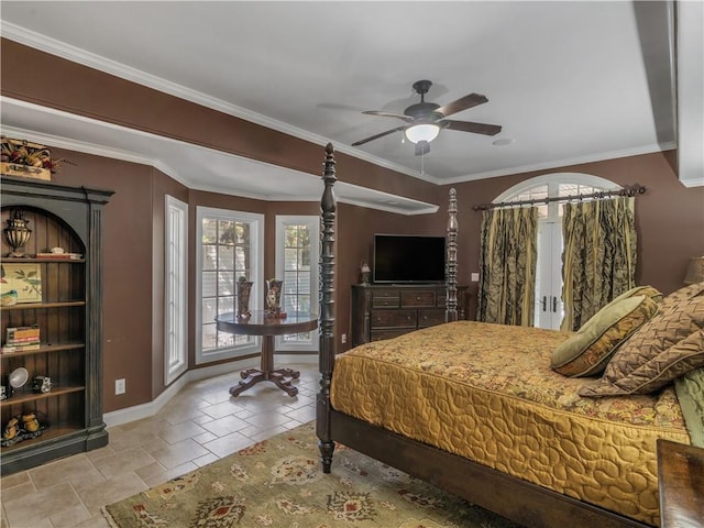 bedroom with french doors, stone tile floors, ceiling fan, and crown molding