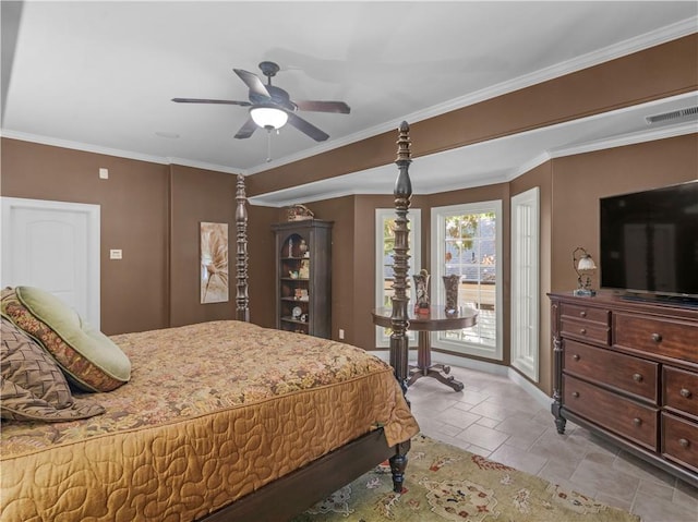 bedroom featuring access to exterior, visible vents, crown molding, ceiling fan, and stone tile floors