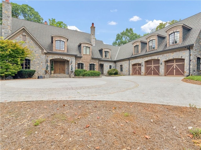 french provincial home with driveway, a chimney, and a garage