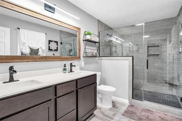 bathroom with toilet, a shower stall, double vanity, and a sink