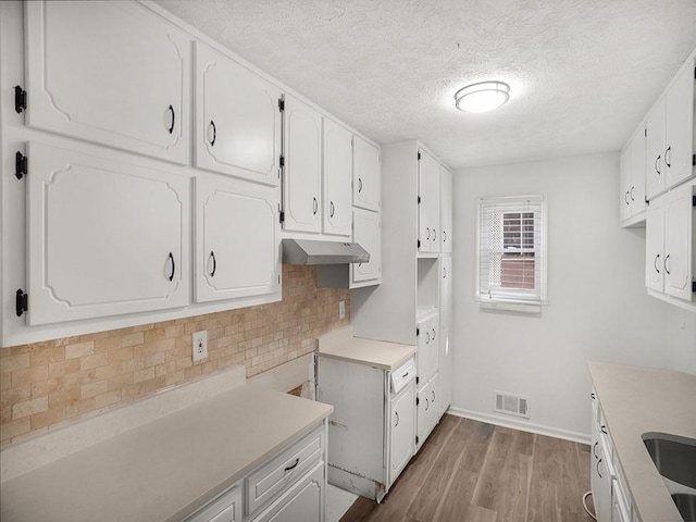 kitchen featuring a textured ceiling, visible vents, tasteful backsplash, wood finished floors, and under cabinet range hood