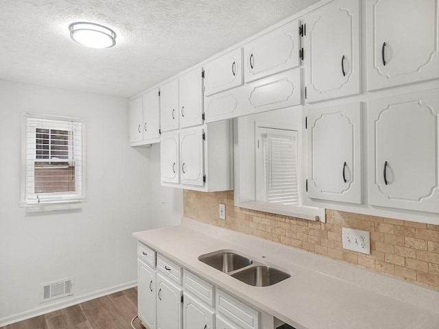 kitchen with visible vents, a sink, white cabinetry, and decorative backsplash