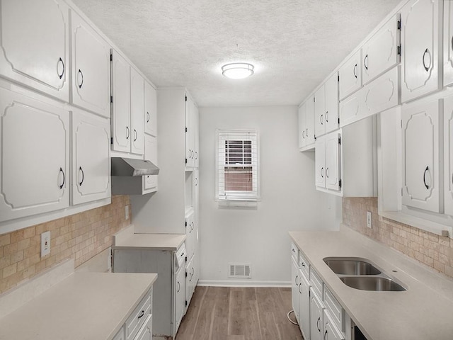 kitchen with visible vents, baseboards, under cabinet range hood, white cabinets, and a sink