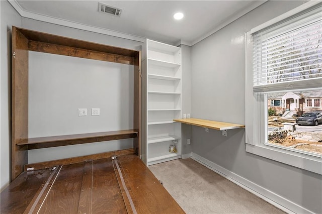 walk in closet featuring built in desk and light carpet