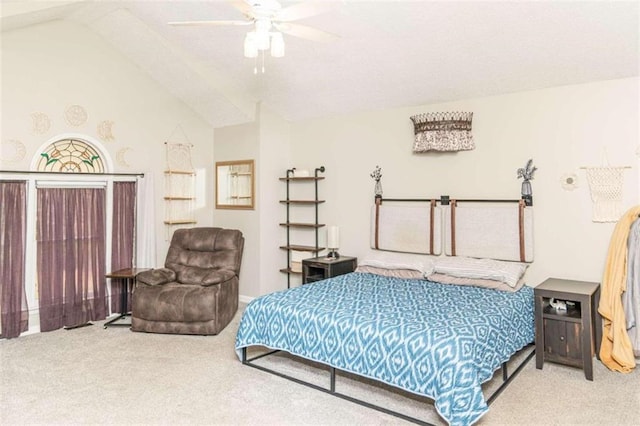 bedroom featuring ceiling fan, lofted ceiling, and carpet