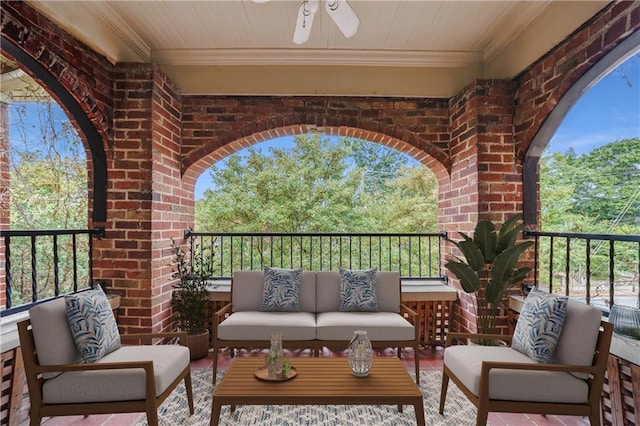 balcony with ceiling fan and outdoor lounge area