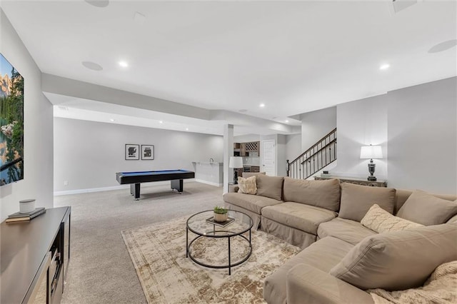 living room with light colored carpet and pool table