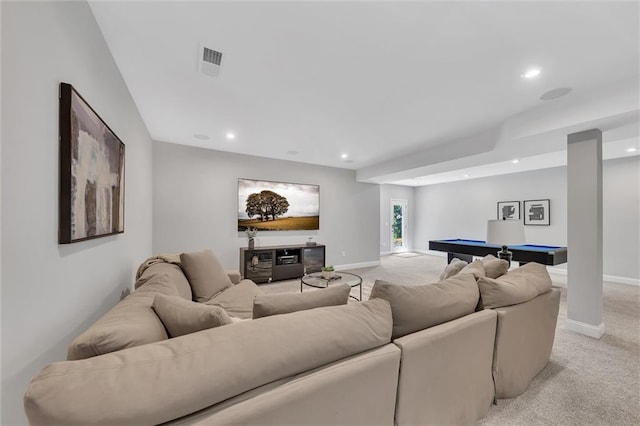 carpeted living room with billiards