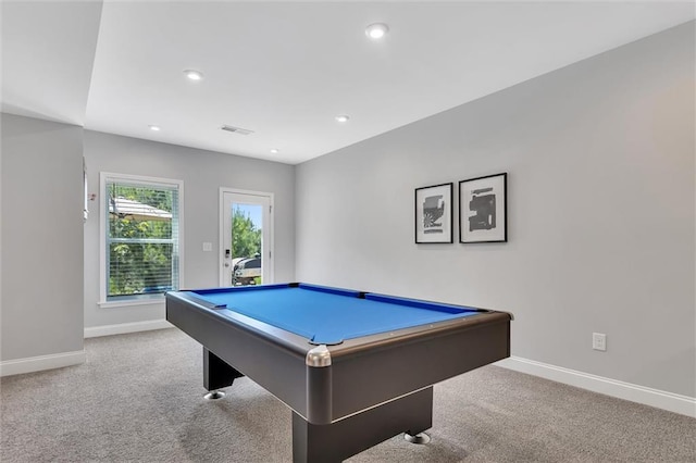 rec room featuring light colored carpet and billiards