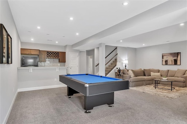 rec room featuring indoor bar, light colored carpet, and billiards