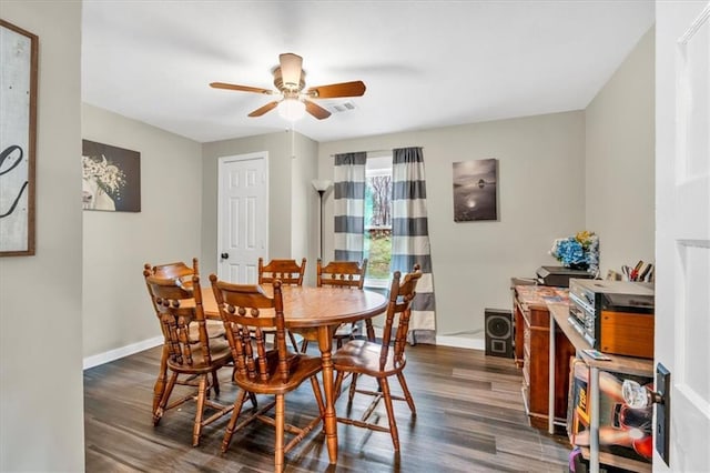 dining space featuring dark wood-type flooring, visible vents, baseboards, and ceiling fan