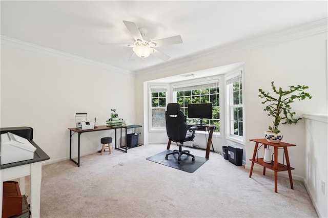 350 Eagle Tiff Dr, Sugar Hill, GA 30518 - home office featuring carpet, crown molding, and a ceiling fan