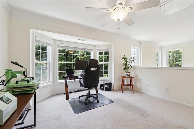 350 Eagle Tiff Dr, Sugar Hill, GA 30518 - home office featuring attic access, ornamental molding, carpet, and ceiling fan
