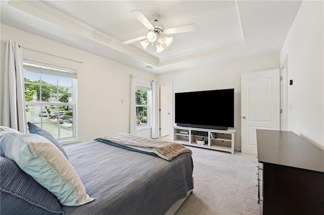 350 Eagle Tiff Dr, Sugar Hill, GA 30518 - bedroom with a tray ceiling, crown molding, carpet, and a ceiling fan