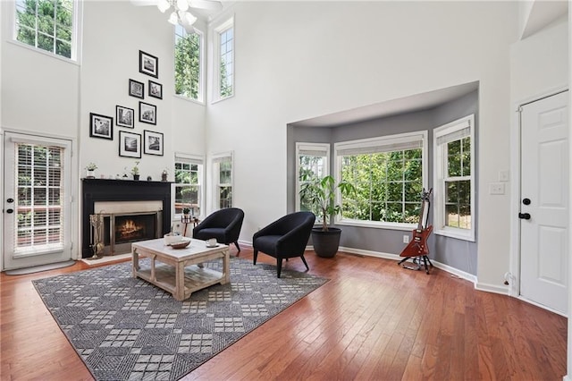 350 Eagle Tiff Dr, Sugar Hill, GA 30518 - living room featuring a towering ceiling, wood-type flooring, a warm lit fireplace, and plenty of natural light