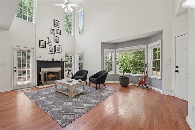 350 Eagle Tiff Dr, Sugar Hill, GA 30518 - living area featuring wood-type flooring, a lit fireplace, a towering ceiling, and plenty of natural light