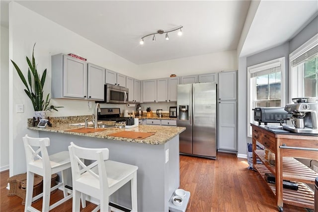 350 Eagle Tiff Dr, Sugar Hill, GA 30518 - kitchen featuring stainless steel appliances, gray cabinetry, a peninsula, light stone countertops, and wood finished floors