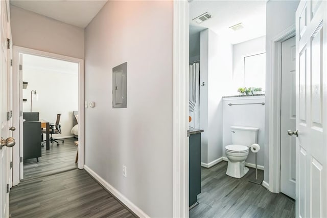 hallway with electric panel and dark wood-type flooring