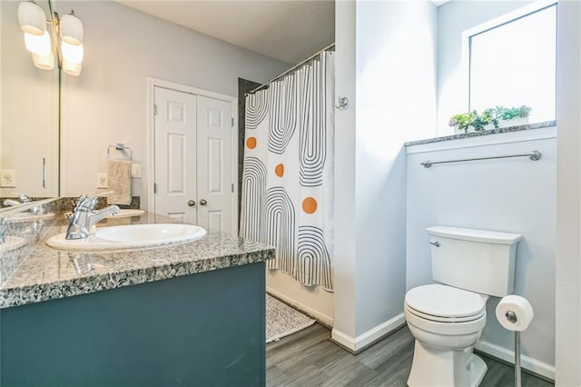 bathroom with vanity, hardwood / wood-style flooring, toilet, and walk in shower