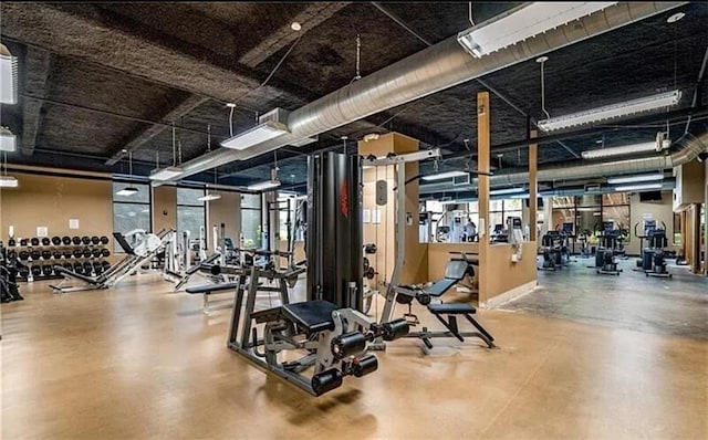 workout area featuring concrete flooring