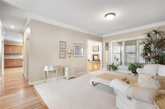 living room with crown molding and light wood-type flooring