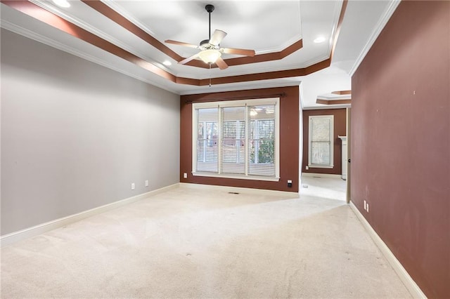 spare room with a raised ceiling, ceiling fan, light colored carpet, and ornamental molding