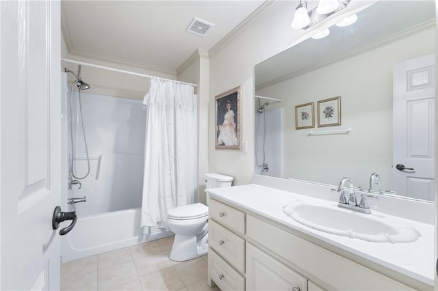 full bathroom featuring vanity, crown molding, tile patterned flooring, toilet, and shower / tub combo with curtain