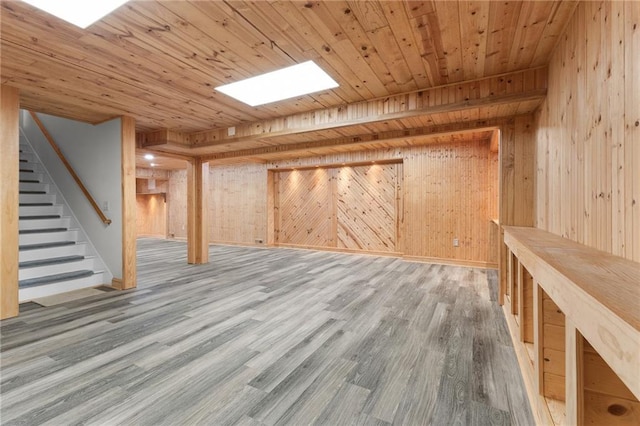 additional living space with wood walls, wooden ceiling, and hardwood / wood-style flooring