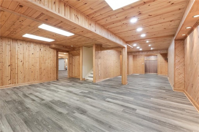 basement with hardwood / wood-style floors, wooden ceiling, and wood walls