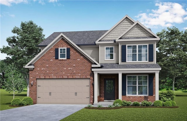 craftsman-style home with a garage and a front lawn