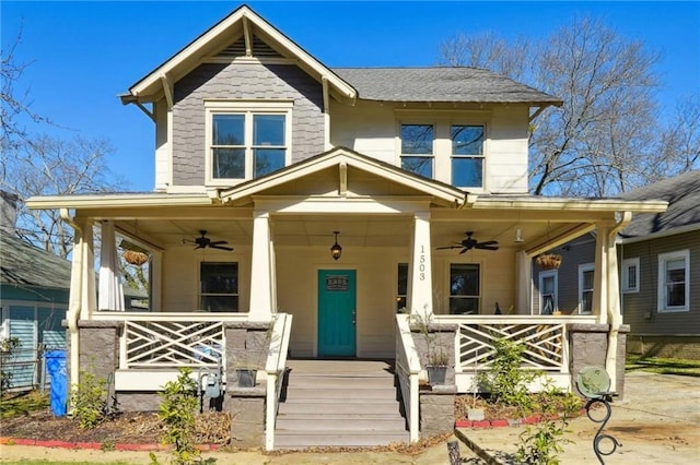 view of front of home with ceiling fan and a porch