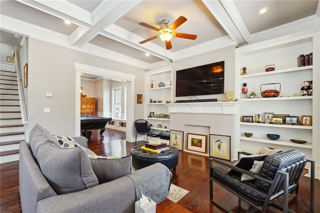 living room with dark wood-type flooring, pool table, built in features, beam ceiling, and coffered ceiling