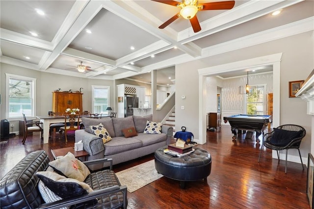 living room with billiards, dark hardwood / wood-style flooring, beamed ceiling, and coffered ceiling