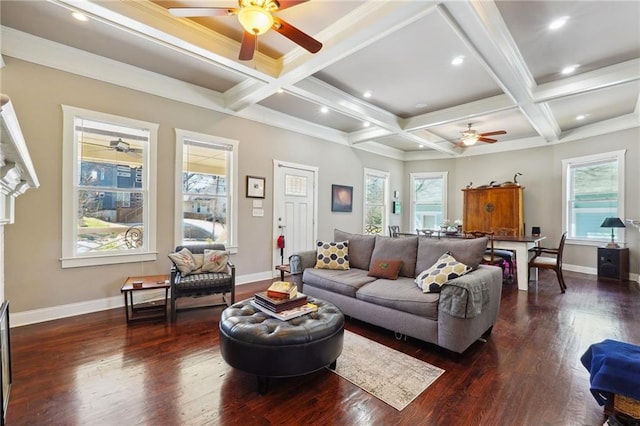 living room featuring dark hardwood / wood-style floors, ornamental molding, beam ceiling, and coffered ceiling