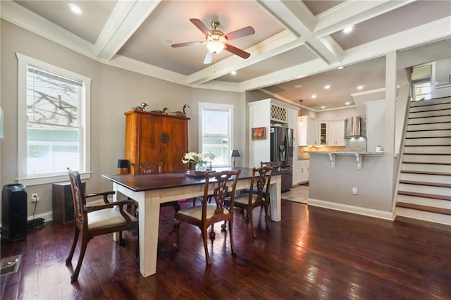 dining room featuring beam ceiling, dark wood-type flooring, and crown molding