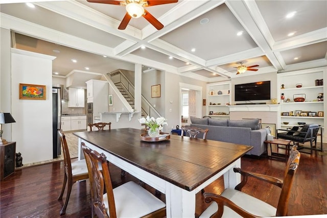 dining area featuring dark hardwood / wood-style floors, crown molding, coffered ceiling, and beamed ceiling