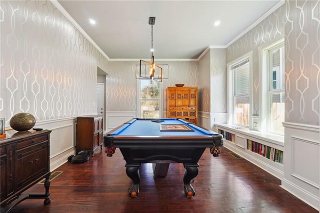 playroom featuring dark wood-type flooring, ornamental molding, and pool table